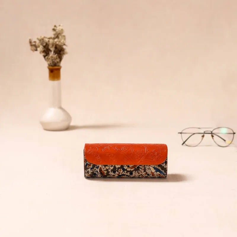Orange - Embossed Leather Flap Kalamkari Spectacle Case by Asalkaar 46 made by Itokri