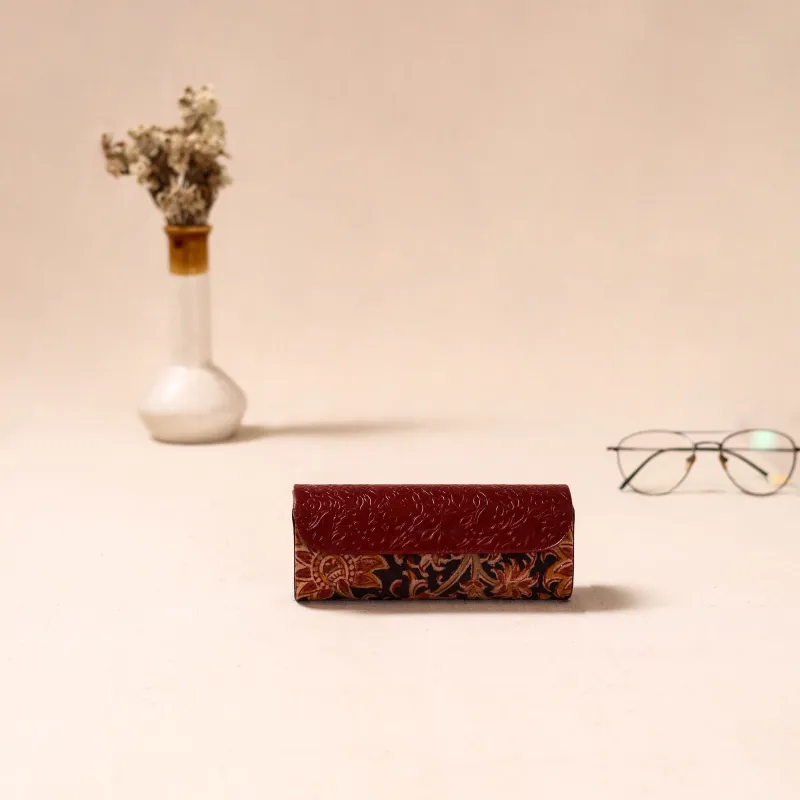 Maroon - Embossed Leather Flap Kalamkari Spectacle Case by Asalkaar 12 made by Itokri