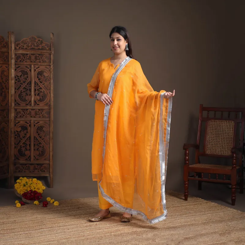 Orange - Sequin Work Plain Kota Doria Cotton Suit Set with Lace Work Dupatta for Women 15 made by Itokri