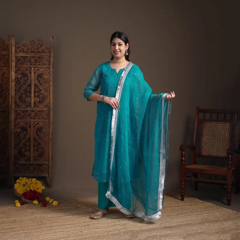 Blue - Sequin Work Plain Kota Doria Cotton Suit Set with Lace Work Dupatta for Women 13 made by Itokri