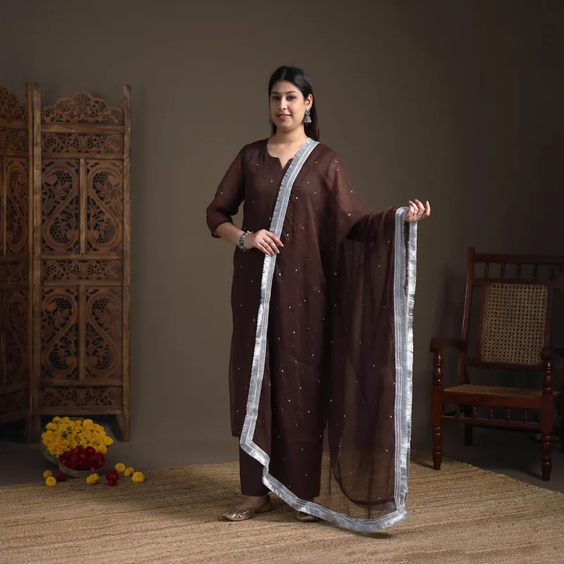 Brown - Sequin Work Plain Kota Doria Cotton Suit Set with Lace Work Dupatta for Women 14 made by Itokri