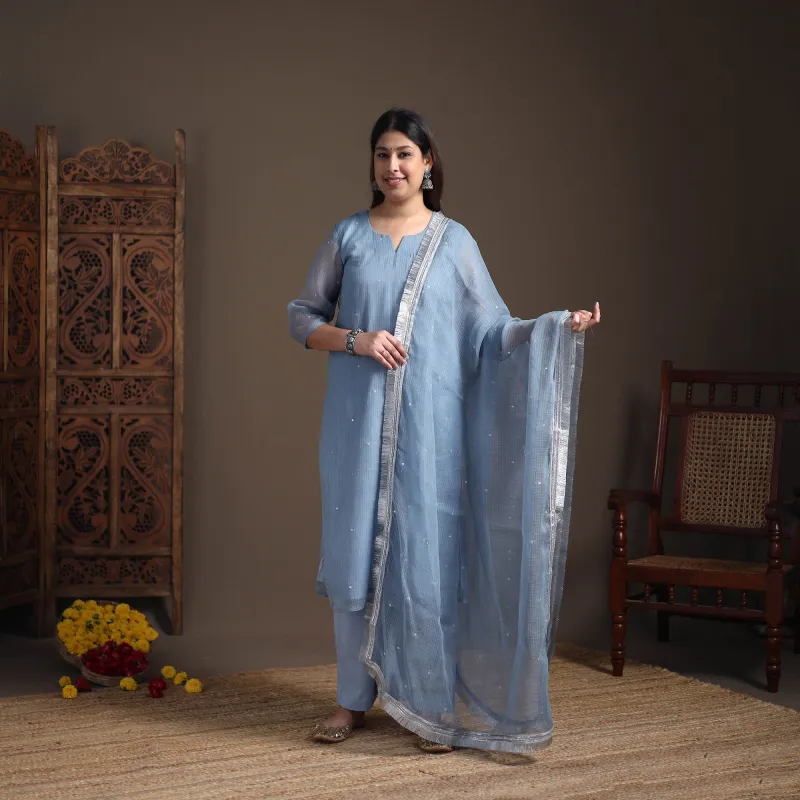 Blue - Sequin Work Plain Kota Doria Cotton Suit Set with Lace Work Dupatta for Women 17 made by Itokri