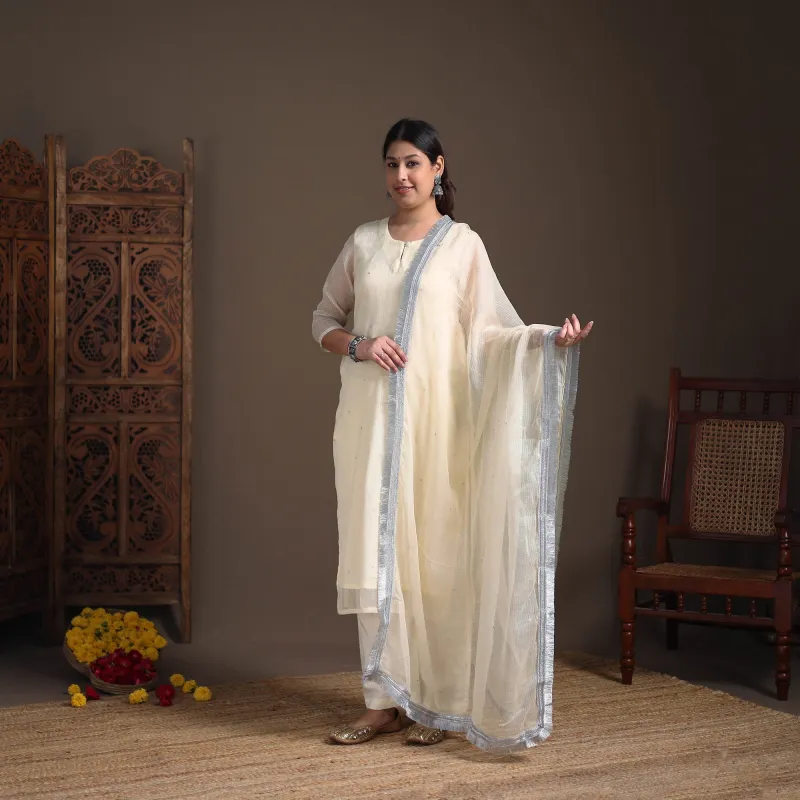 Beige - Sequin Work Plain Kota Doria Cotton Suit Set with Lace Work Dupatta for Women 18 made by Itokri