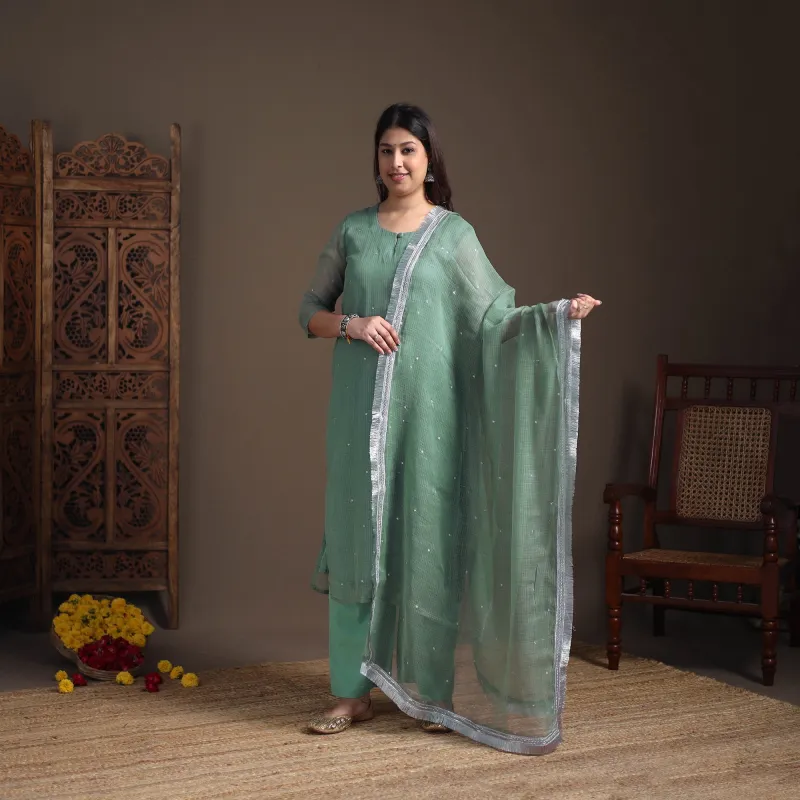 Green - Sequin Work Plain Kota Doria Cotton Suit Set with Lace Work Dupatta for Women 20 made by Itokri