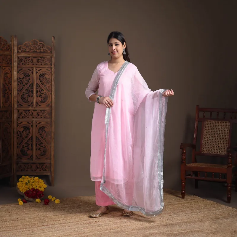 Pink - Sequin Work Plain Kota Doria Cotton Suit Set with Lace Work Dupatta for Women 10 made by Itokri