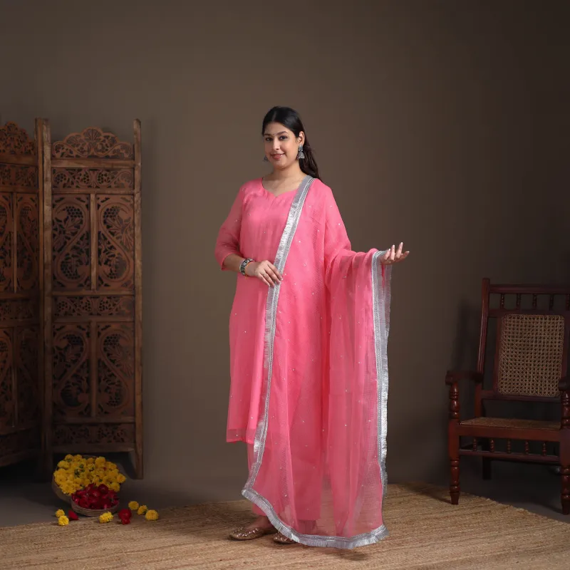 Pink - Sequin Work Plain Kota Doria Cotton Suit Set with Lace Work Dupatta for Women 06 made by Itokri