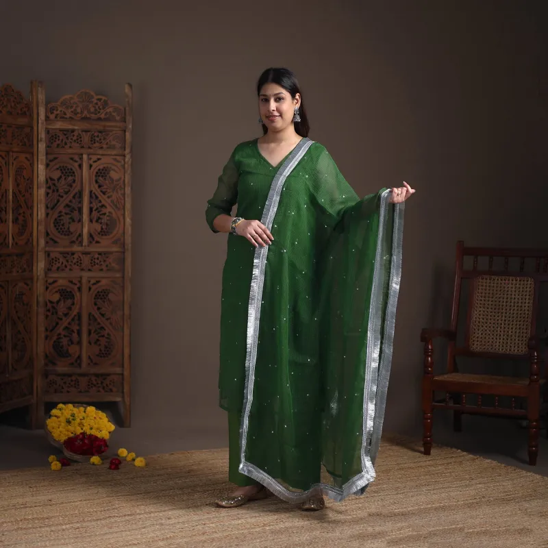 Green - Sequin Work Plain Kota Doria Cotton Suit Set with Lace Work Dupatta for Women 03 made by Itokri