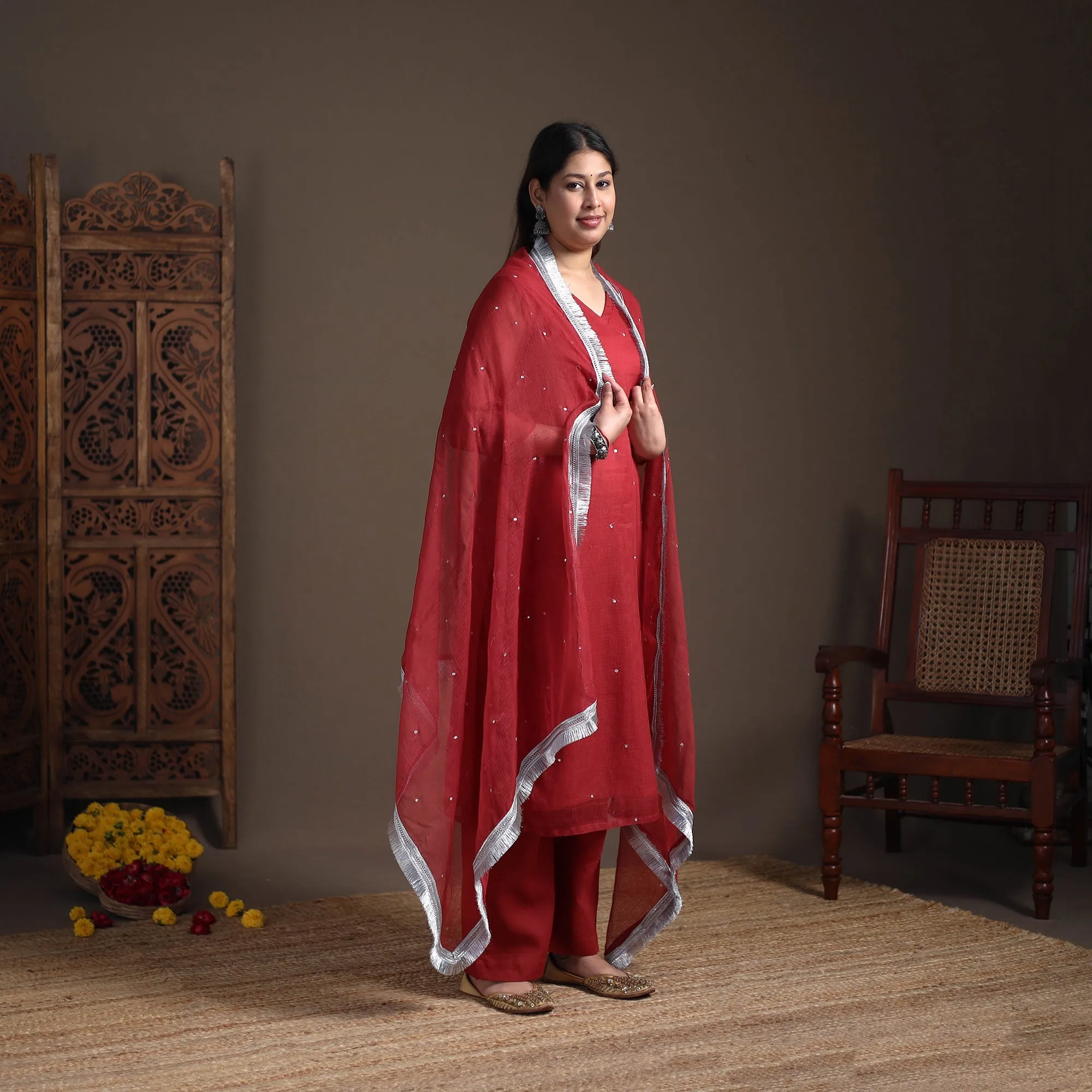 Sequin Work Plain Kota Doria Cotton Suit Set with Lace Work Dupatta for Women 02 sold by Itokri product image thumbnail 2