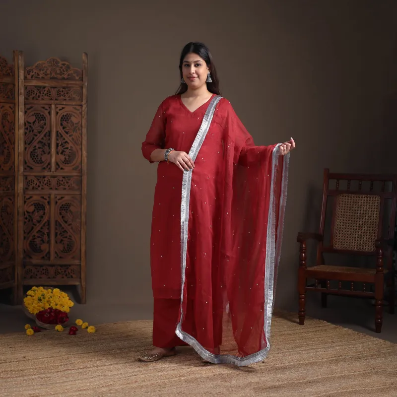 Sequin Work Plain Kota Doria Cotton Suit Set with Lace Work Dupatta for Women 02 made by Itokri