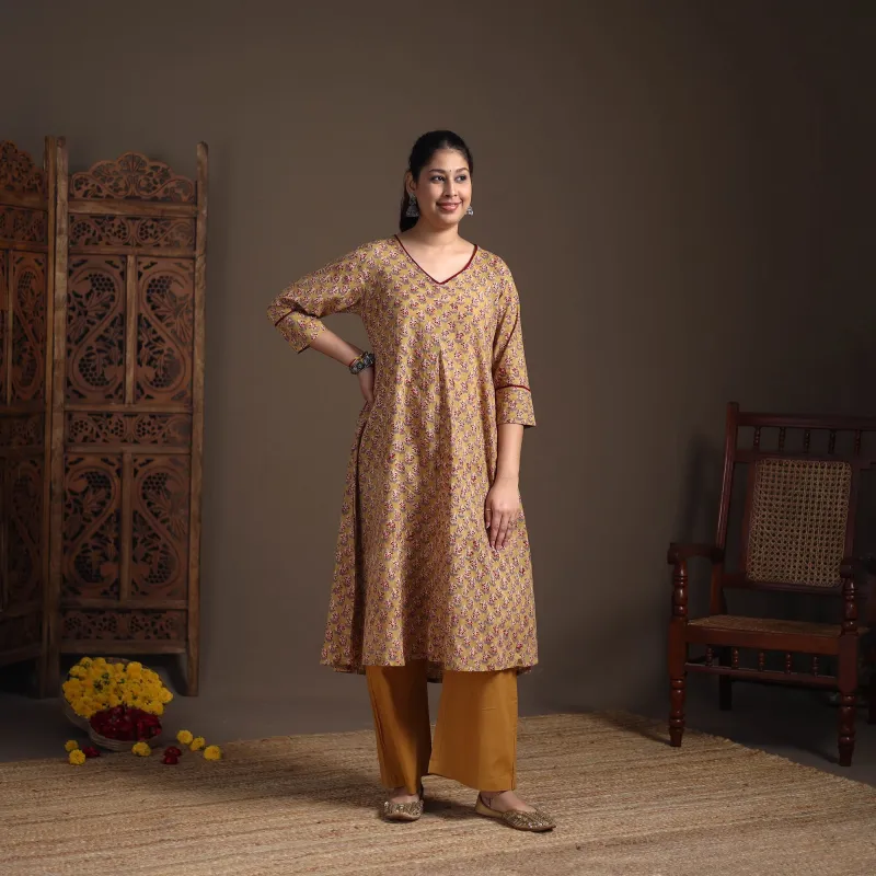 Green - Floral Sanganeri Block Print Cotton A-Line Long Kurta for Women 16 made by Itokri