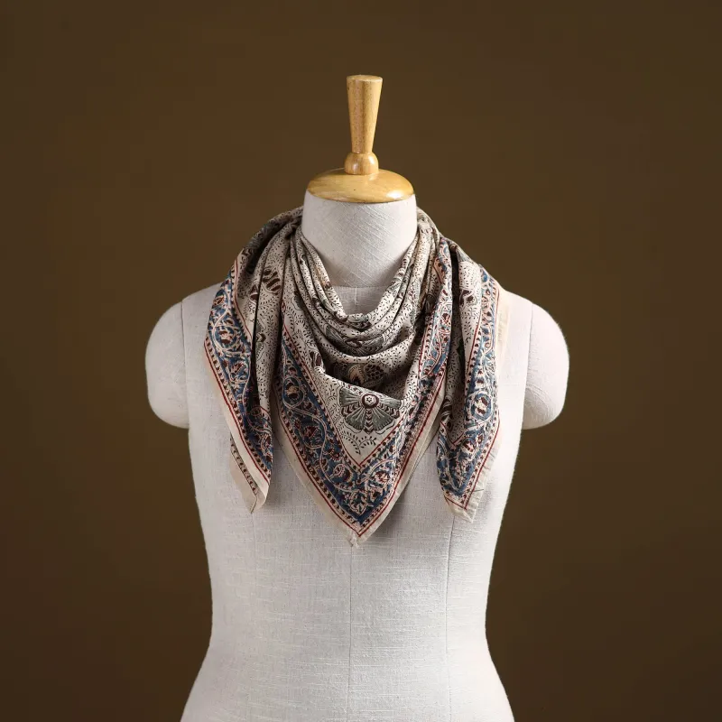 Beige - Pedana Hand Block Print Natural Dyed Cotton Kalamkari Scarf 58 made by Itokri