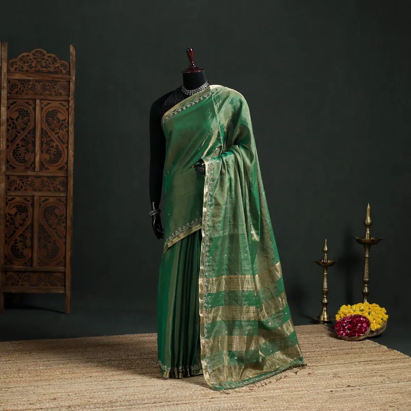 Pure Handloom Tissue Zari Buti Bead Work Katan Silk Chanderi Saree 04 made by Itokri