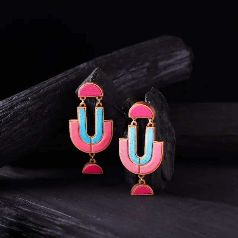 WHE Pink & Blue Handmade Repurposed Fabric & Wood Earrings 16 made by Itokri