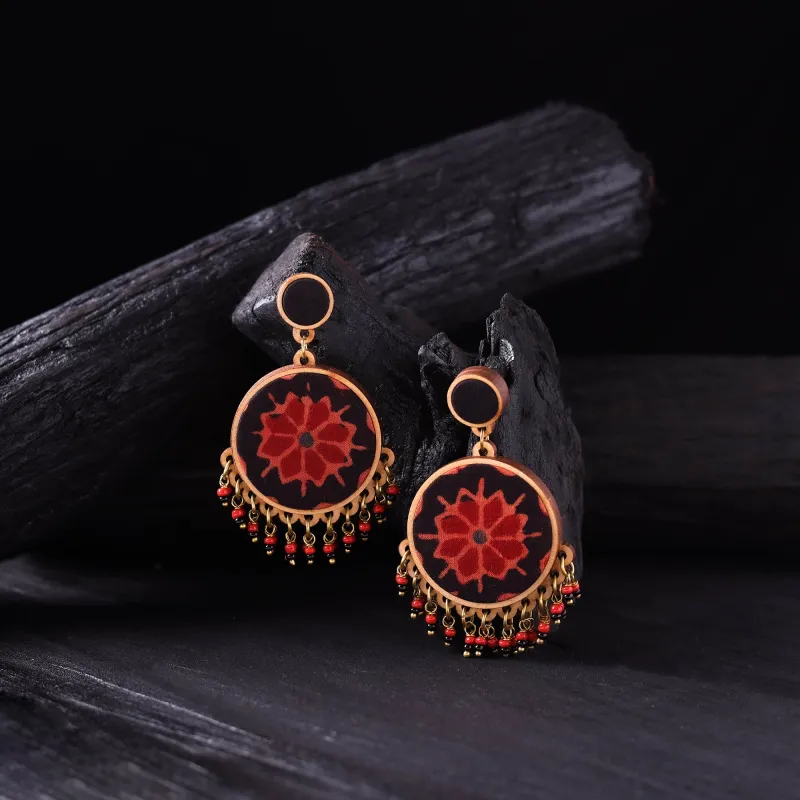 WHE Black & Red Handmade Repurposed Ajrakh Fabric & Wood Round Earrings 09 made by Itokri