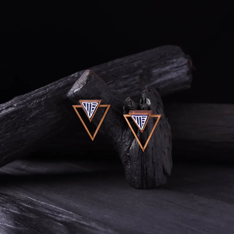 WHE Blue Hand Painted Repurposed Fabric & Wood Triangle Earrings 05 made by Itokri