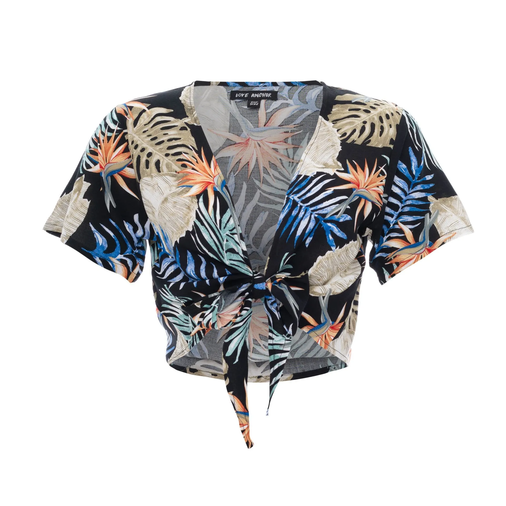 Cropped Ikat, Tropical, V Neck, Short Sleeve Tie Top, Wholesale sold by Love Anchor product image thumbnail 5