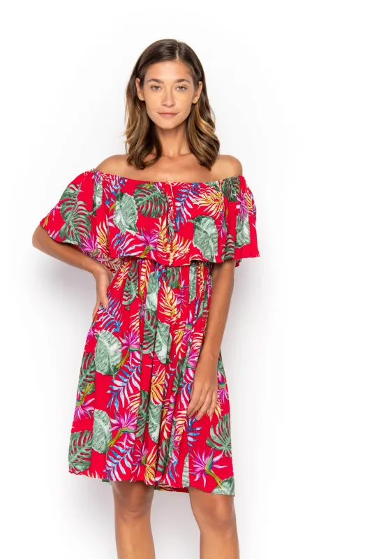 Safia, Tropical Monstera Red, Mini Dress sold by Love Anchor