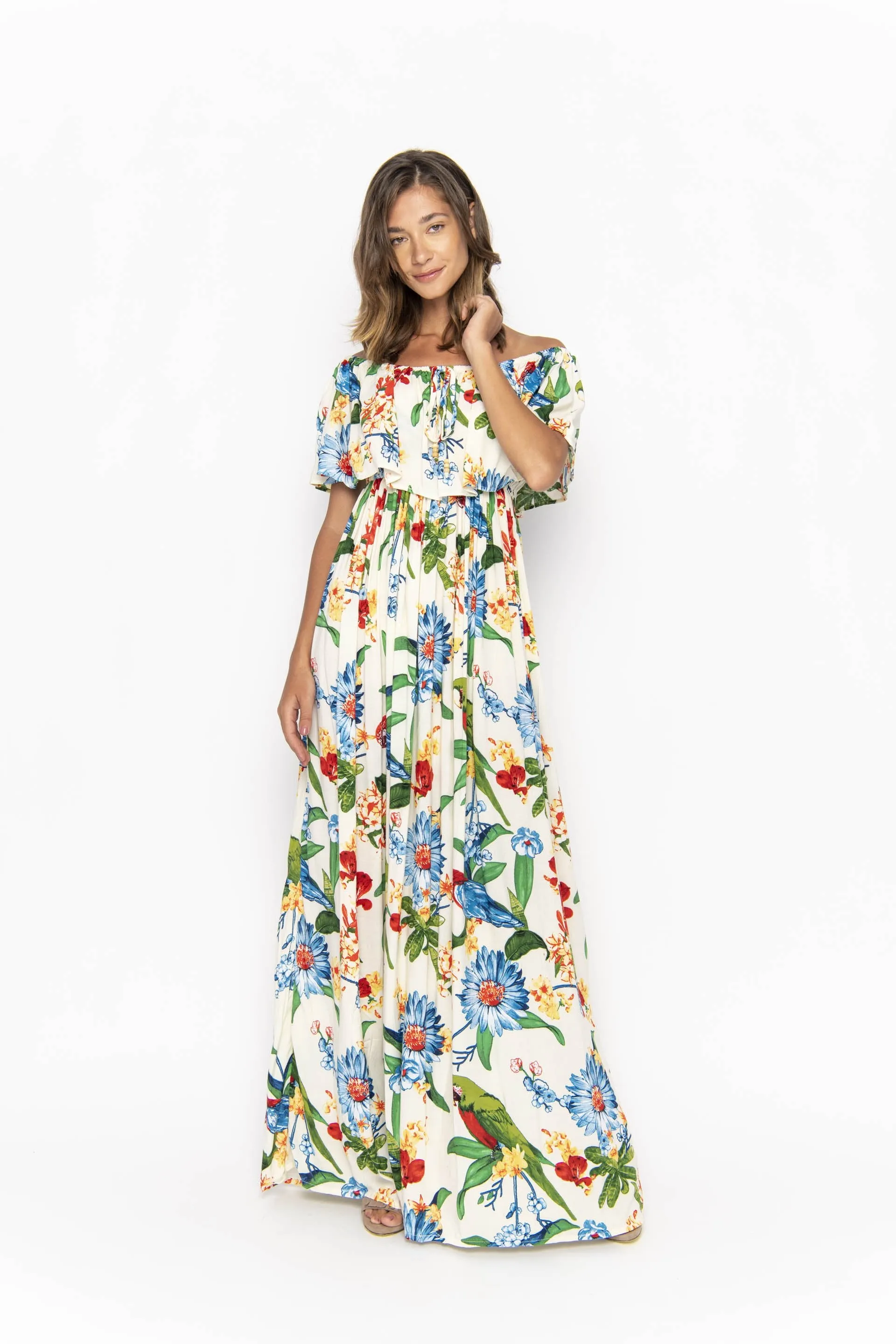 Safia, Tropical Macaw White, Maxi Dress sold by Love Anchor