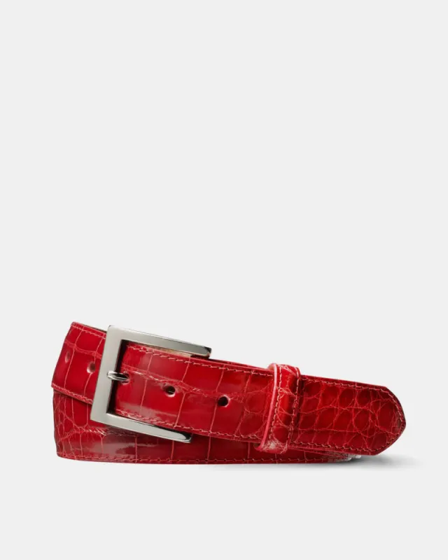 Crimson Red Glazed American Alligator Belt sold by Cobbler Union