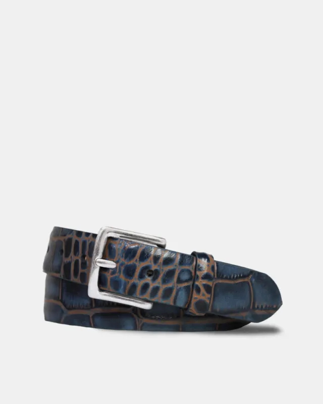 Two-Toned Embossed Crocodile Belt in Indigo Tan Leather sold by Cobbler Union