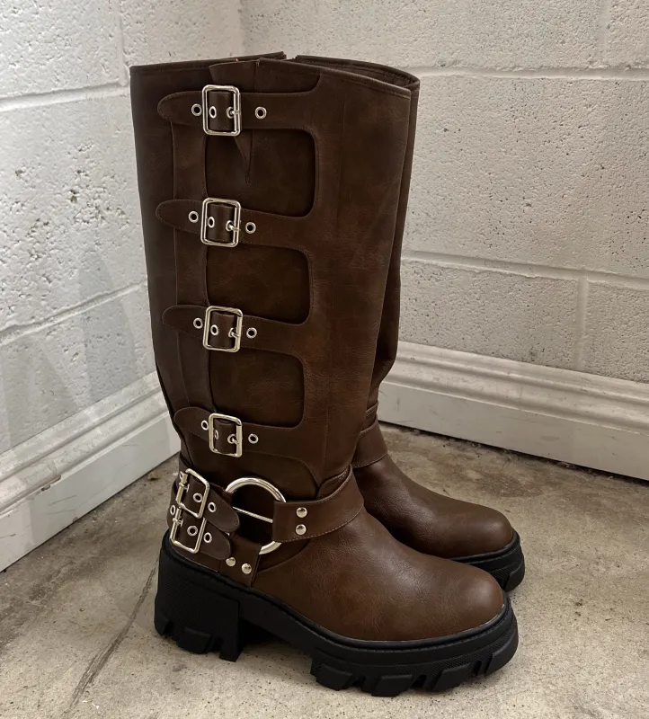 MOTO BOOTS // BROWN-ONLY A FEW LEFT sold by Elvn Elvn