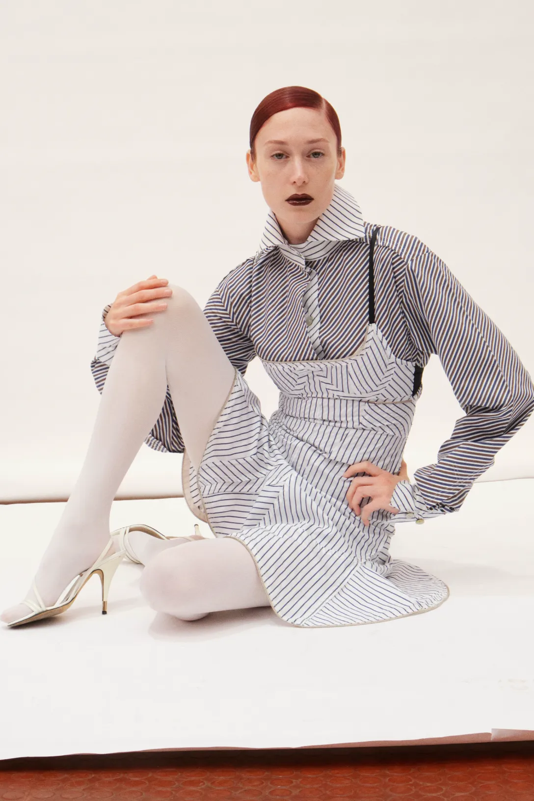 Navy/Brown Stripe Pinched Waist Shirt sold by Talia Byre