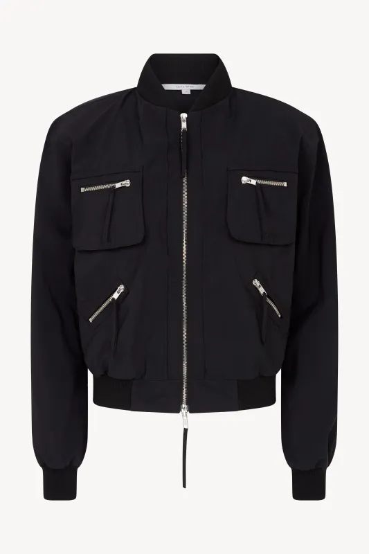 BLACK CRINKLE NYLON BOMBER JACKET made by Talia Byre