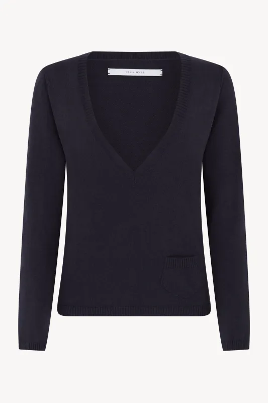 DARK NAVY DEEP V-NECK FITTED JUMPER made by Talia Byre