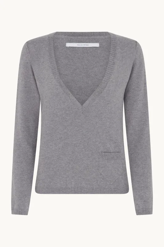 MID GREY DEEP V-NECK FITTED JUMPER made by Talia Byre