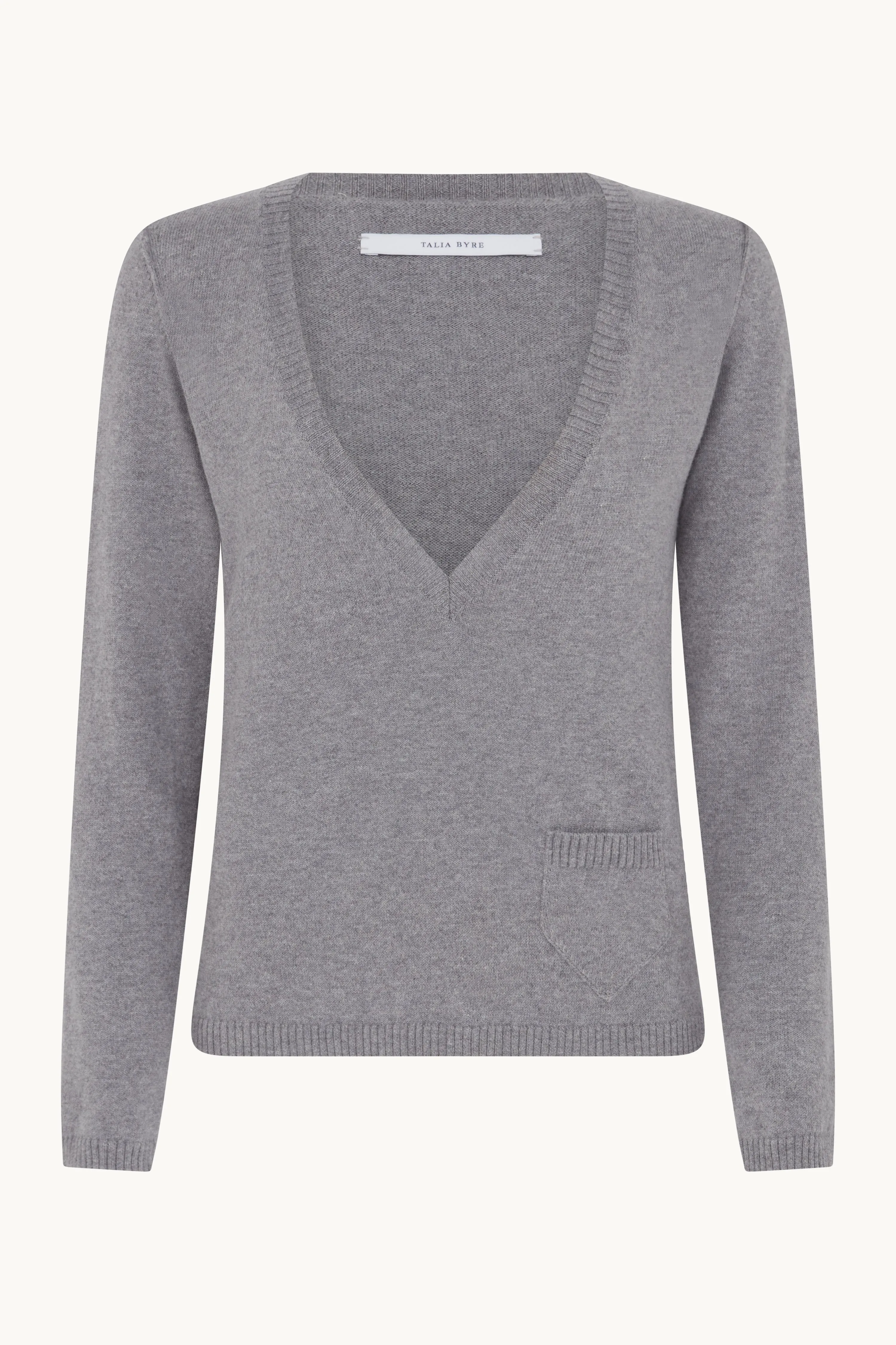 MID GREY DEEP V-NECK FITTED JUMPER sold by Talia Byre