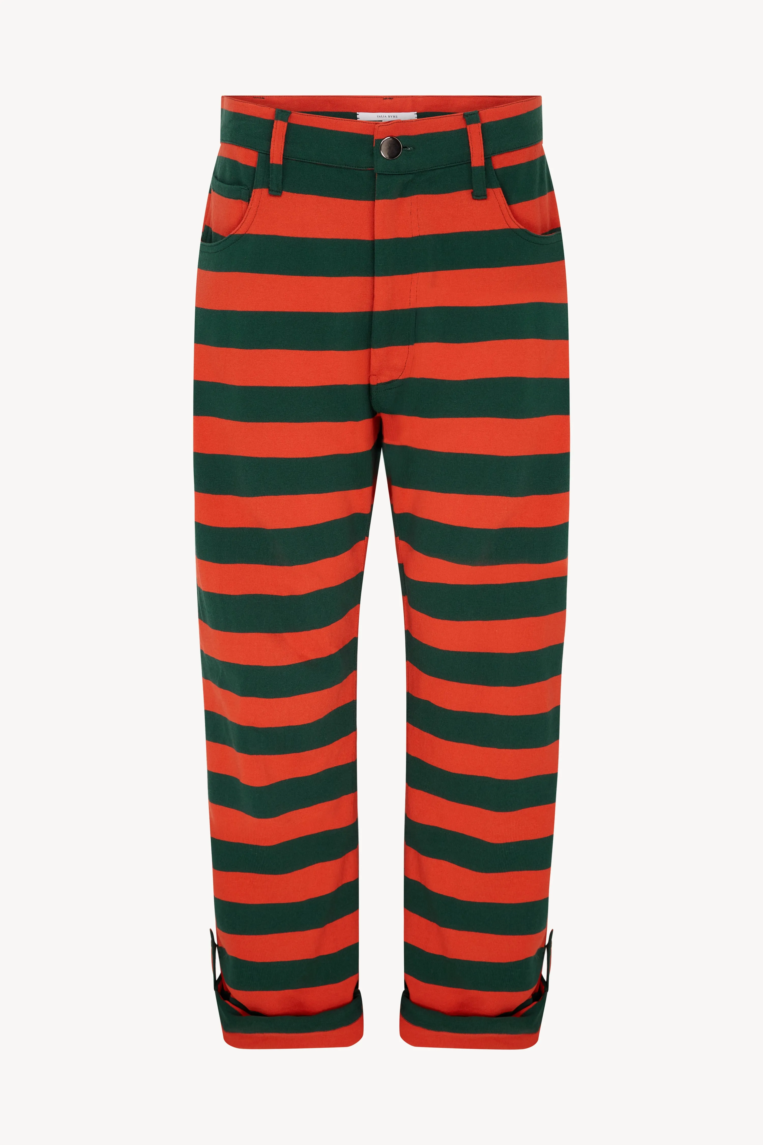 TOMATO RED AND GREEN STRIPED CARGO ROLL UP TROUSERS sold by Talia Byre