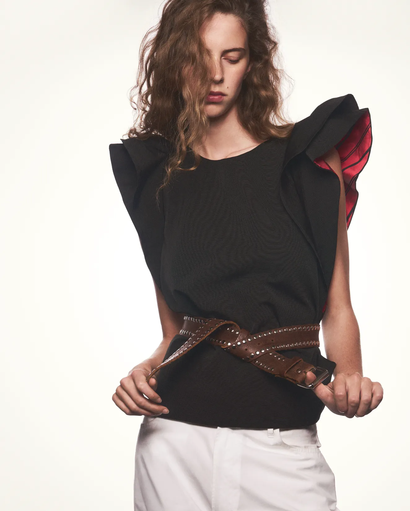 BLACK AND RED STRIPE FRILL SLEEVE PINNY TOP sold by Talia Byre product image thumbnail 3