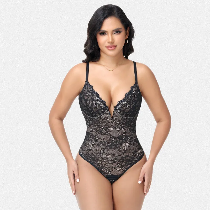 Shaperin Lace V-Neck Underwire Shapewear Tummy Control Bodysuit sold by Shaperin