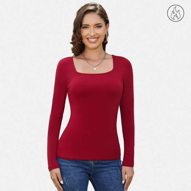 Shaperin Women’s Fleece-Lined Long Sleeve Square Neck Ribbed Top made by Shaperin