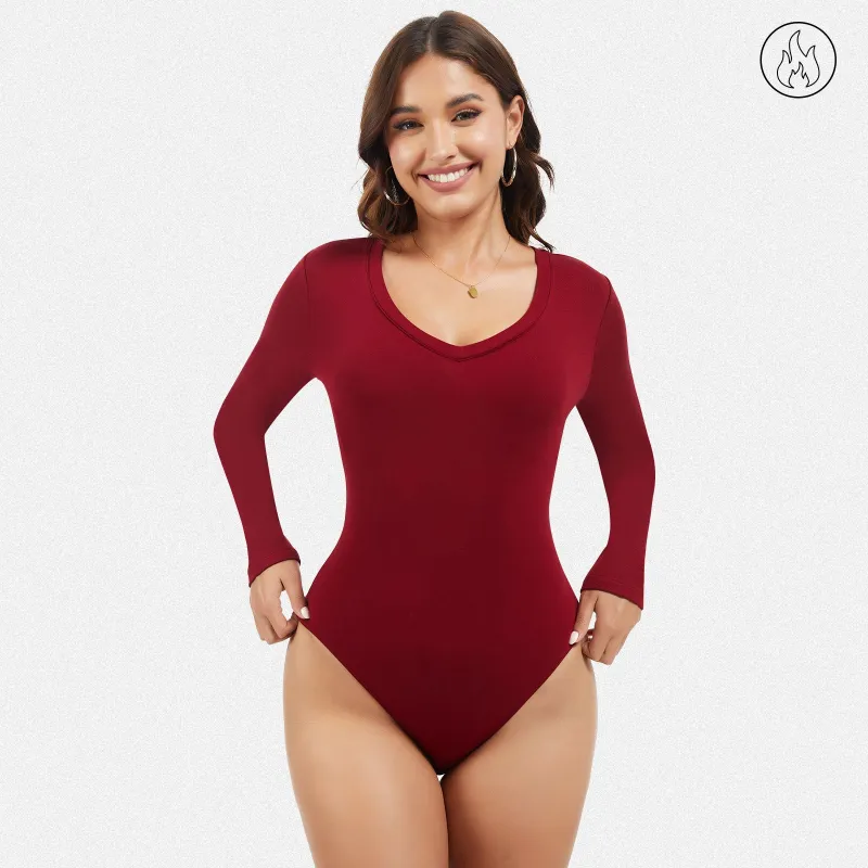 Shaperin Women’s V Neck Long Sleeve Ribbed Fleece Bodysuit Thermal Top made by Shaperin