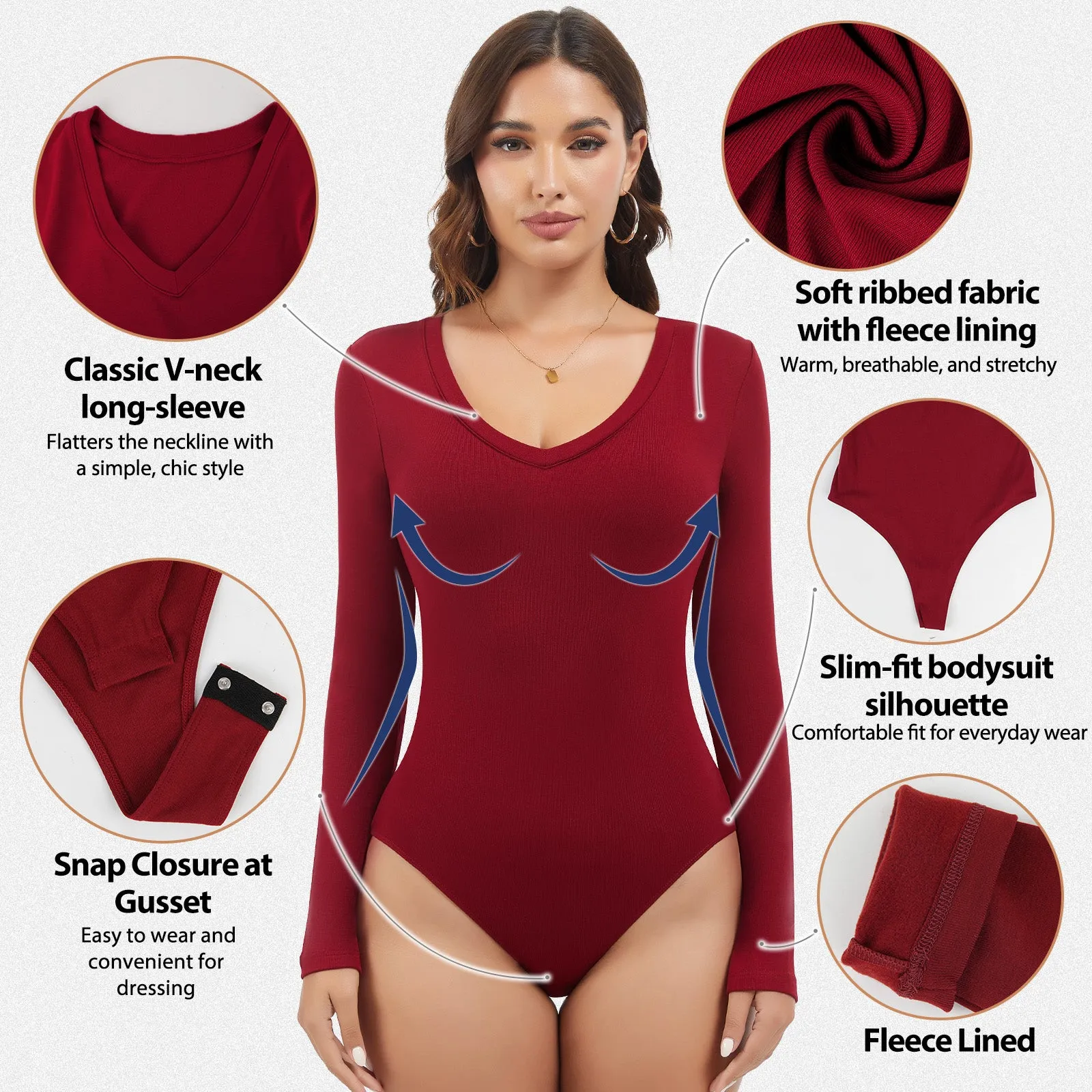 Shaperin Women’s V Neck Long Sleeve Ribbed Fleece Bodysuit Thermal Top sold by Shaperin product image thumbnail 2