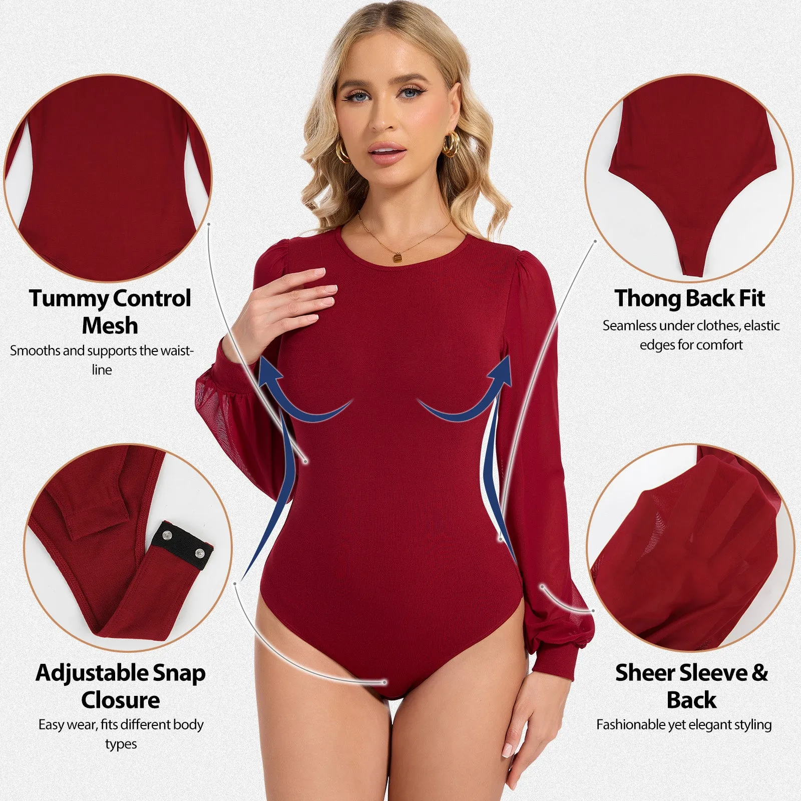 Shaperin Viscose Bodysuit Top with Puff Sleeves & Snap Closure sold by Shaperin product image thumbnail 2