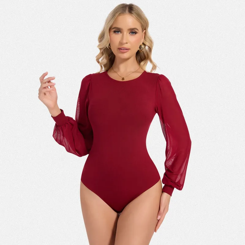 Shaperin Viscose Bodysuit Top with Puff Sleeves & Snap Closure sold by Shaperin