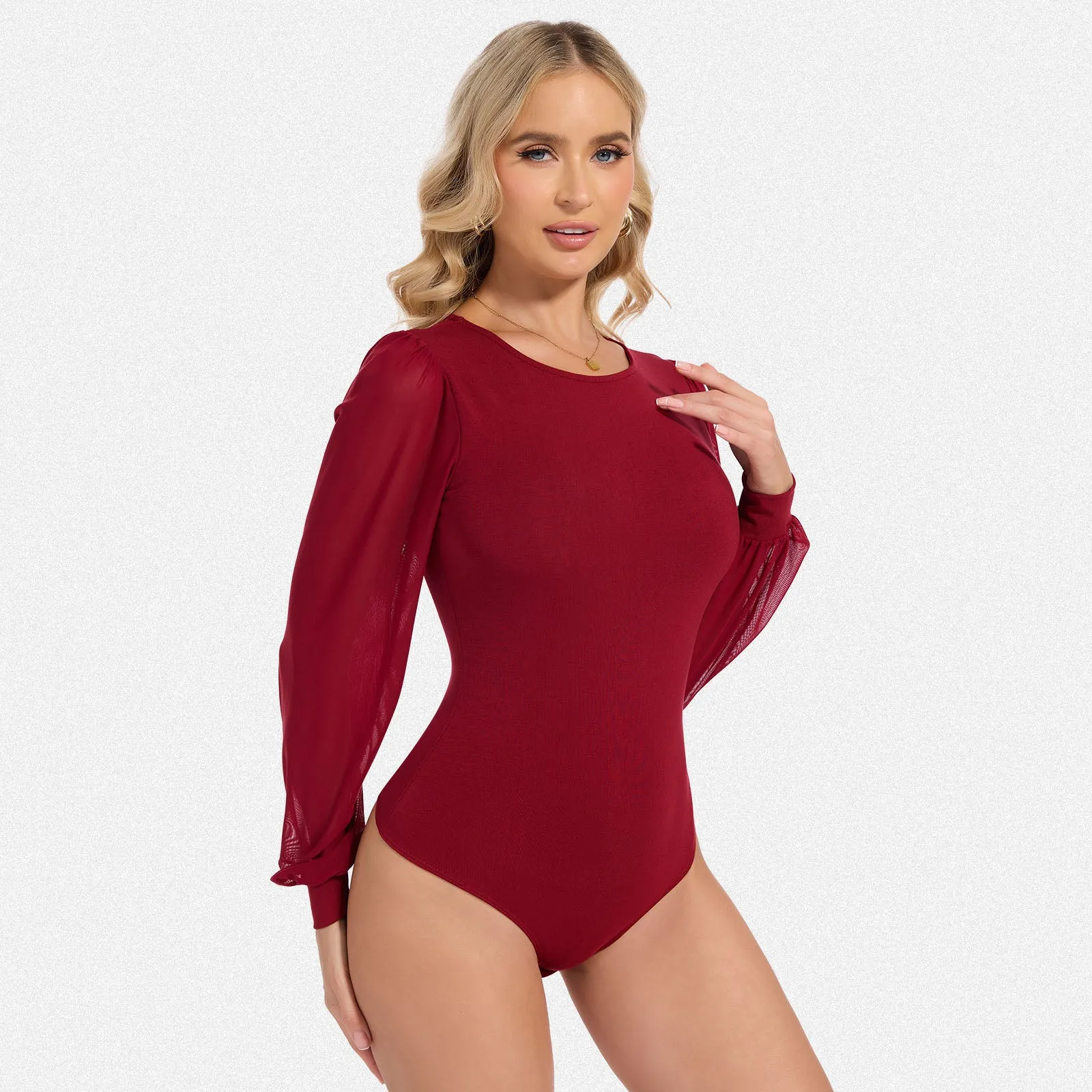 Shaperin Viscose Bodysuit Top with Puff Sleeves & Snap Closure sold by Shaperin product image thumbnail 3