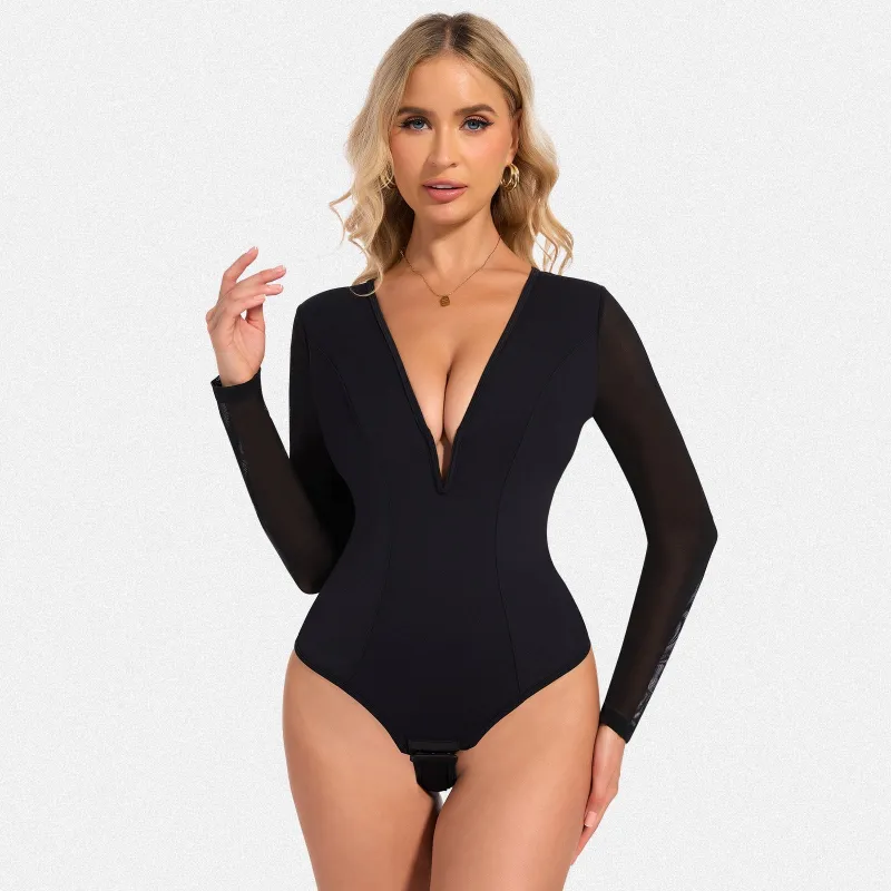 Shaperin Deep V Mesh Long-Sleeve Shapewear Bodysuit Tummy Control sold by Shaperin