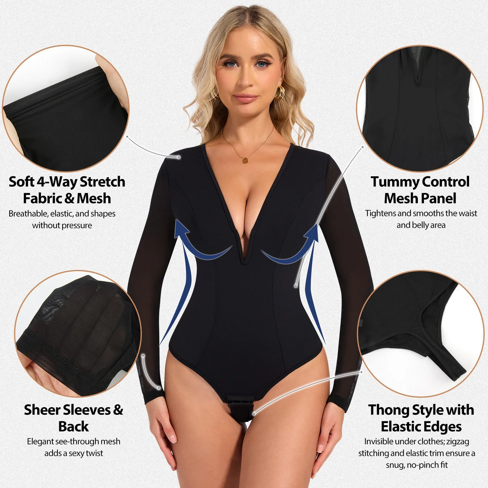 Shaperin Deep V Mesh Long-Sleeve Shapewear Bodysuit Tummy Control sold by Shaperin product image thumbnail 2