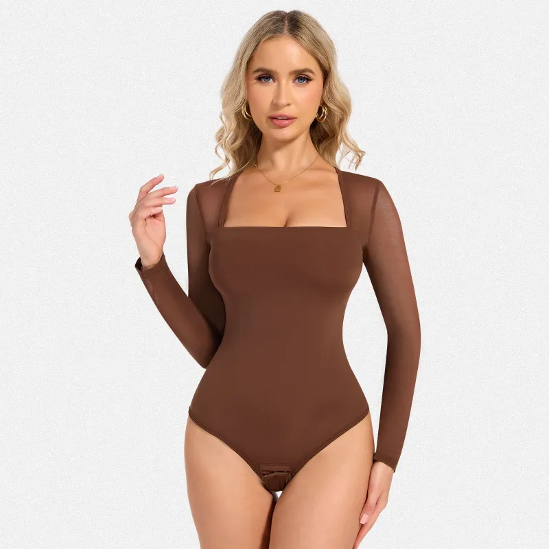 Shaperin Women's Tummy Control Shapewear Sheer Mesh Long Sleeve Bodysuit made by Shaperin