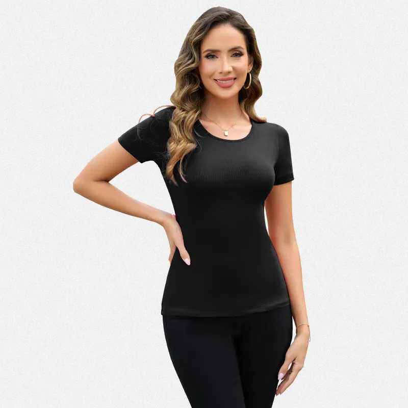 Shaperin Short Sleeve Basic Slim Fit Blouse Round Neck T-Shirt Crewneck Tops made by Shaperin