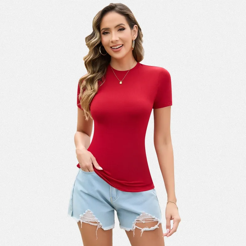 Shaperin Short Sleeve Slim Fit Blouse Round Neck T-Shirt Crewneck Tops made by Shaperin