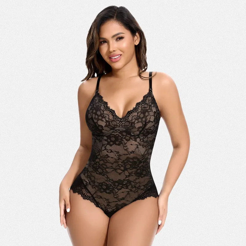 Shaperin Shapewear V Neck Backless Tummy Control Thong Lace Bodysuit sold by Shaperin