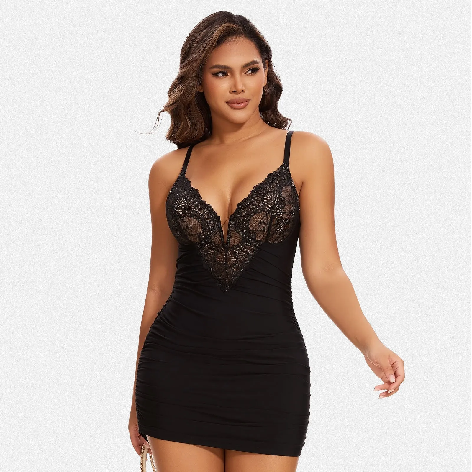 Shaperin Shapewear Dress Deep V Neck Lace Bodycon Mini Dress sold by Shaperin product image thumbnail 5