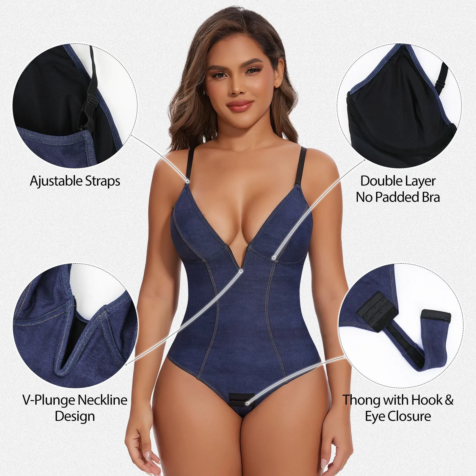 Shaperin Faux Denim Plunging V-Neck Shapewear Bodysuit sold by Shaperin product image thumbnail 2