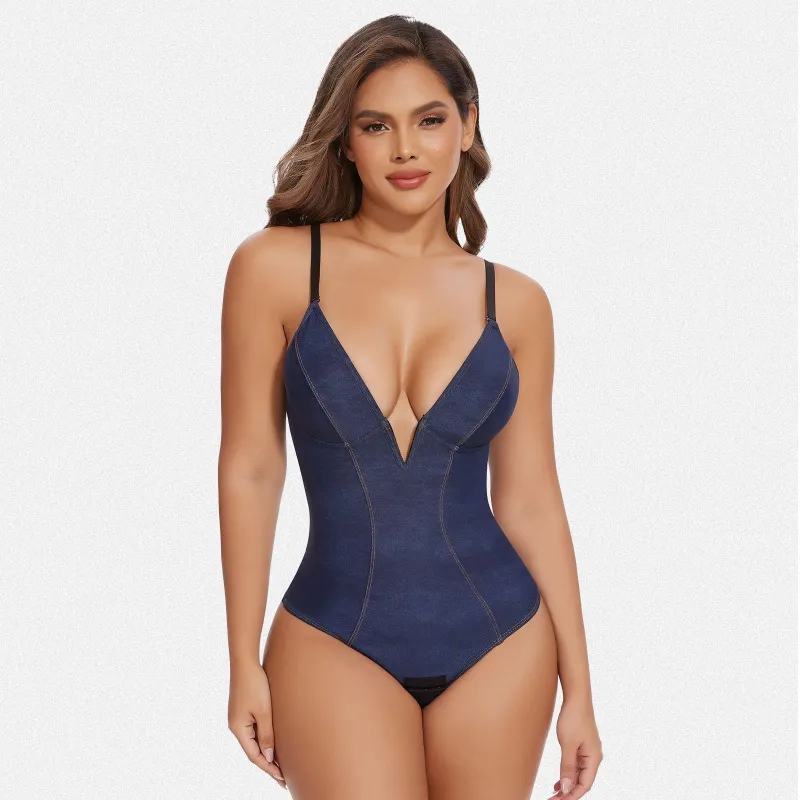 Shaperin Faux Denim Plunging V-Neck Shapewear Bodysuit sold by Shaperin