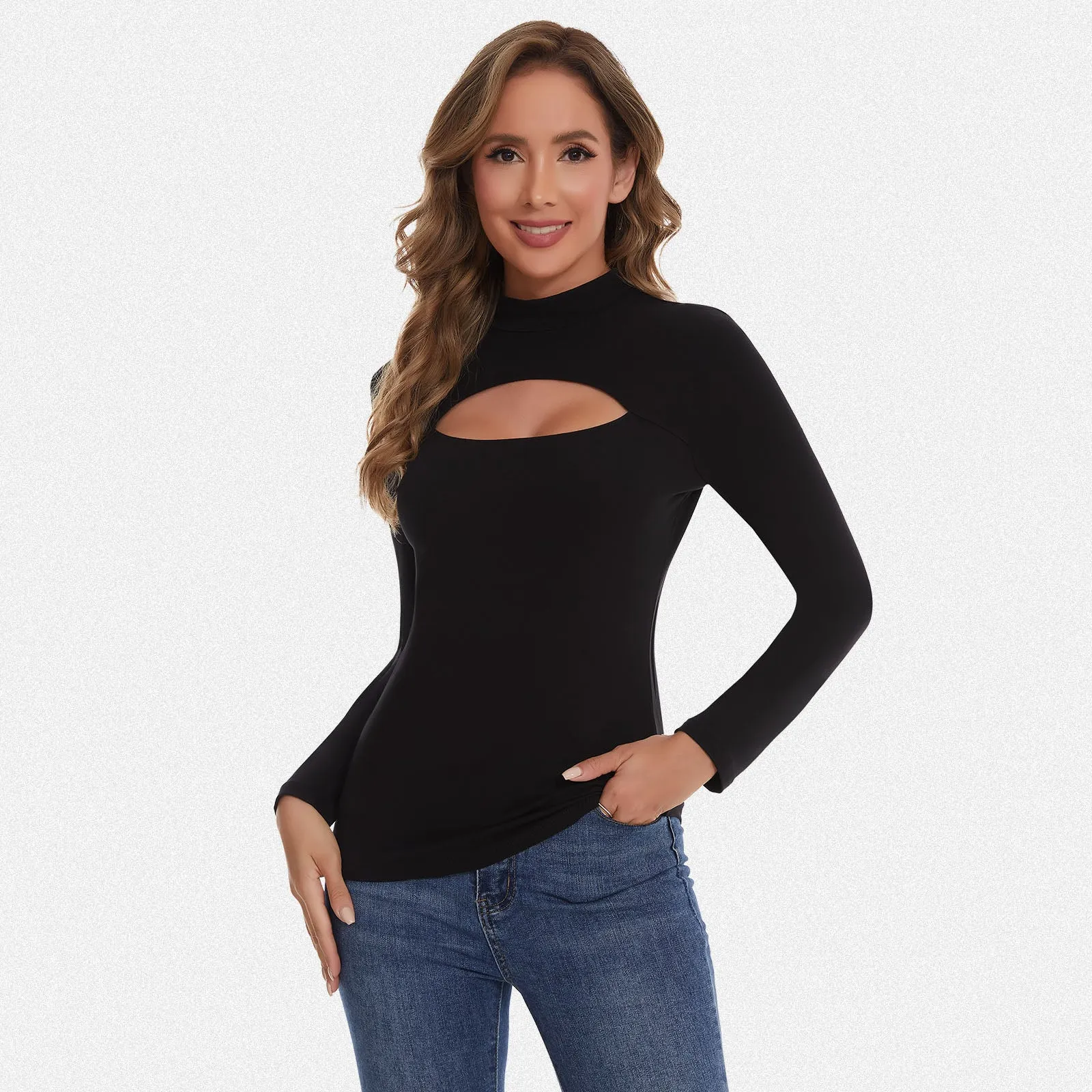 Shaperin Long Sleeve Cutout Mock Turtleneck Slim Fit Top sold by Shaperin