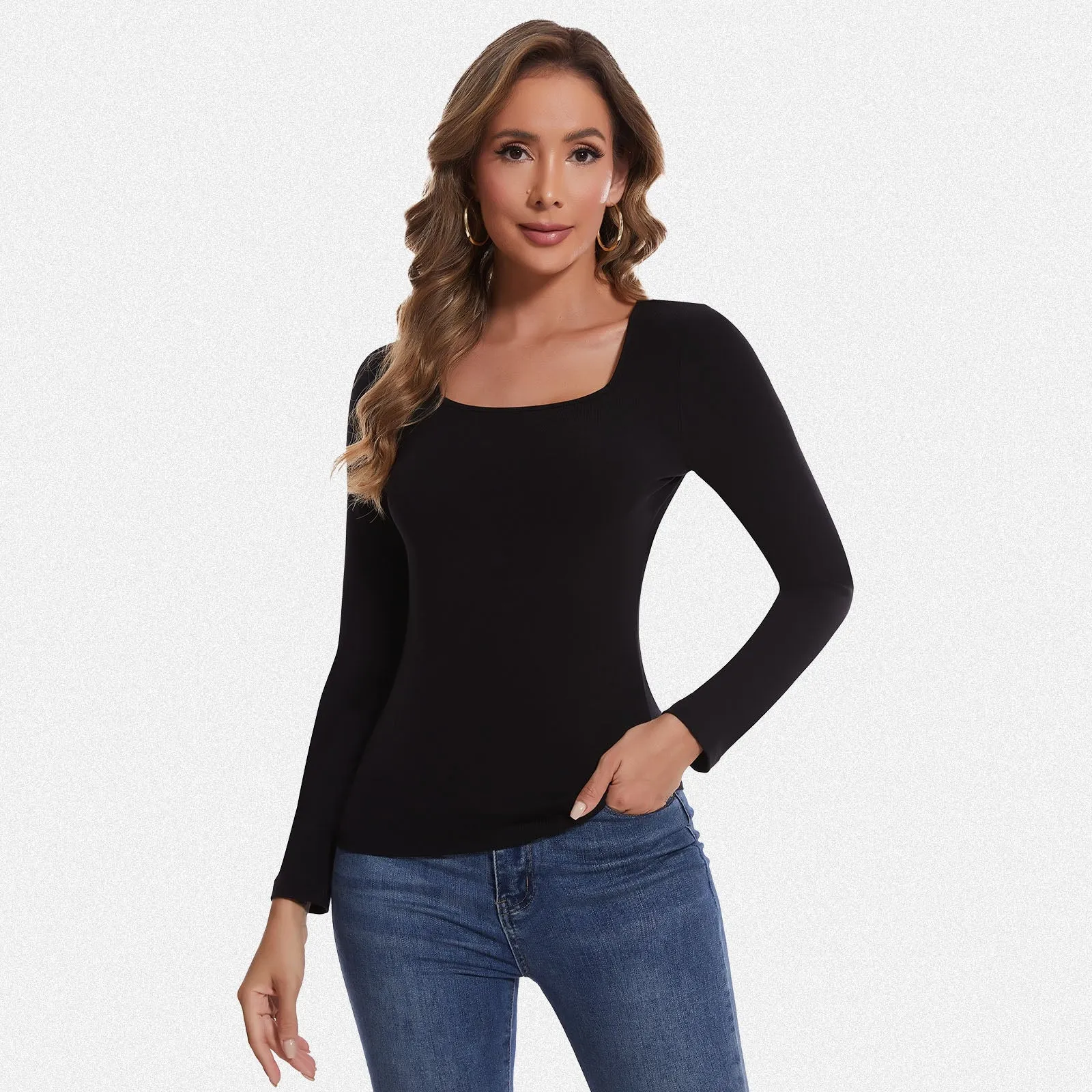 Shaperin Long Sleeve Square Neck Basic Slim Fit Top sold by Shaperin